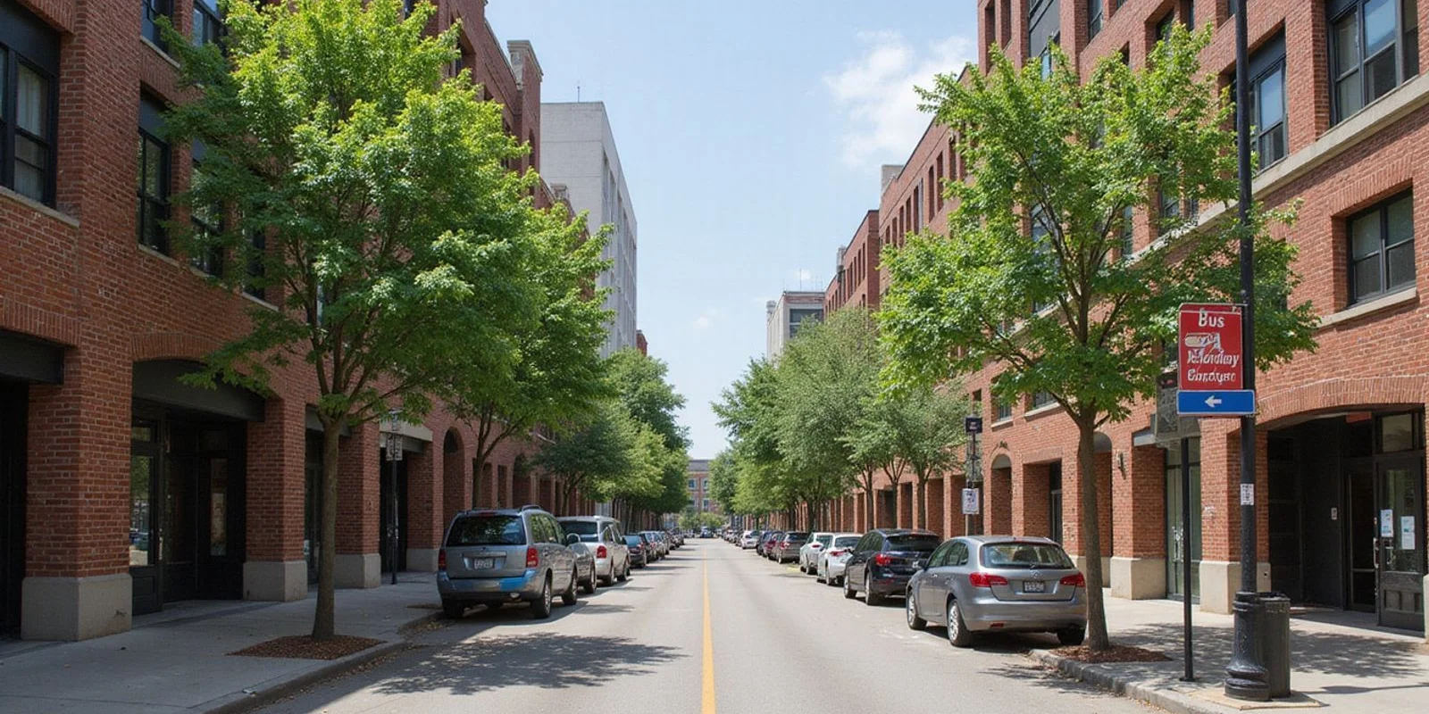 Dallas neighborhood corridor with apartment buildings in daylight