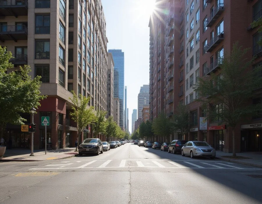 Street-level daylight view of an Uptown Dallas corridor with mid-rise apartment buildings